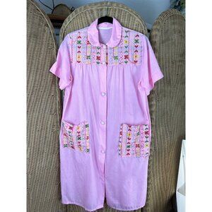 vintage house coat robe pink embroidered medium pink